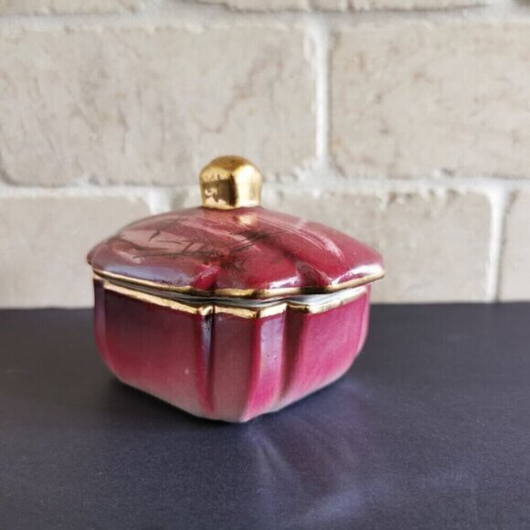 Small Storage Dish w/Lid Geometric Burgundy Gold Asian Trinkets Jewelry Box - Picture 3 of 9